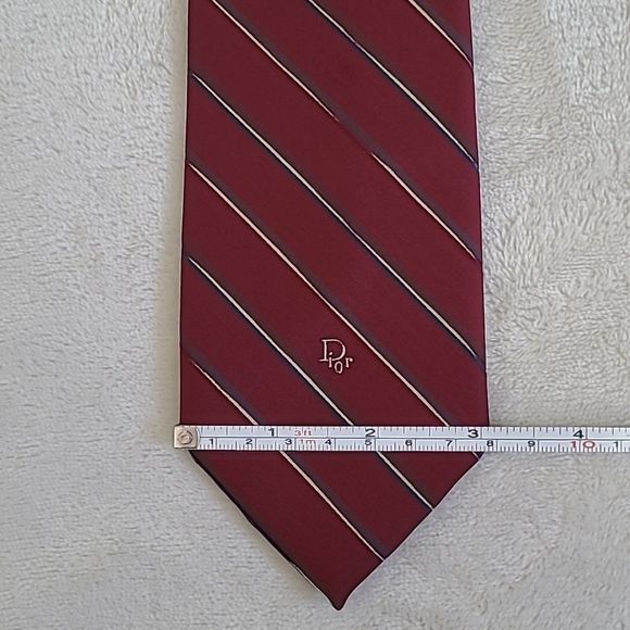 Vintage Christian Dior Men's Necktie Red Navy White Regimental Stripe Short Tie - Picture 12 of 16